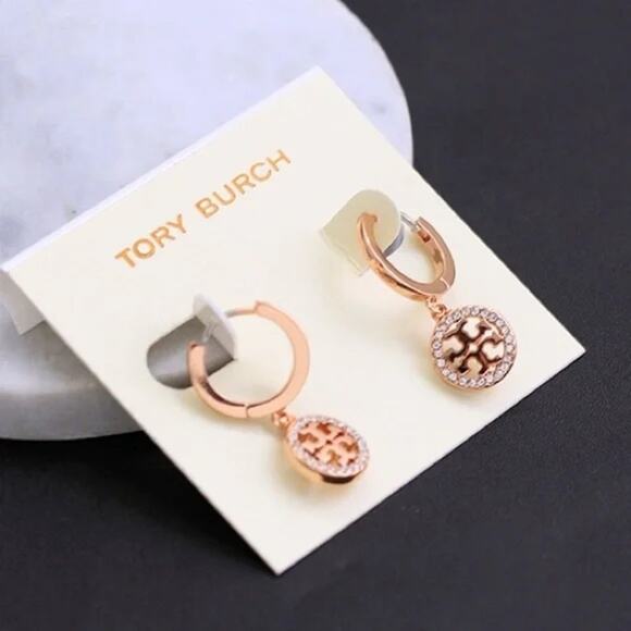 New Tory Burch Rose Gold Pave Drop Hoop Earrings - Picture 1 of 5